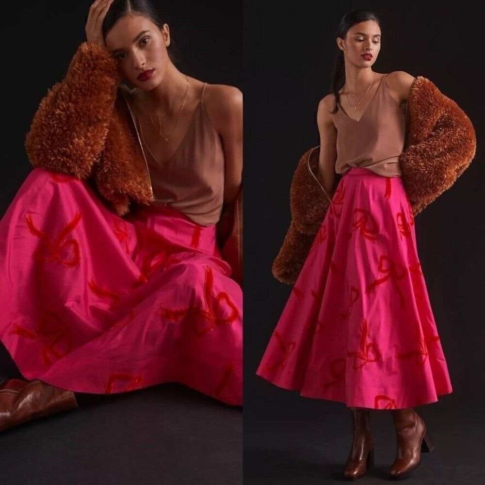 ANTHROPOLOGIE Maeve Taffeta Bow Maxi Skirt Pink Red